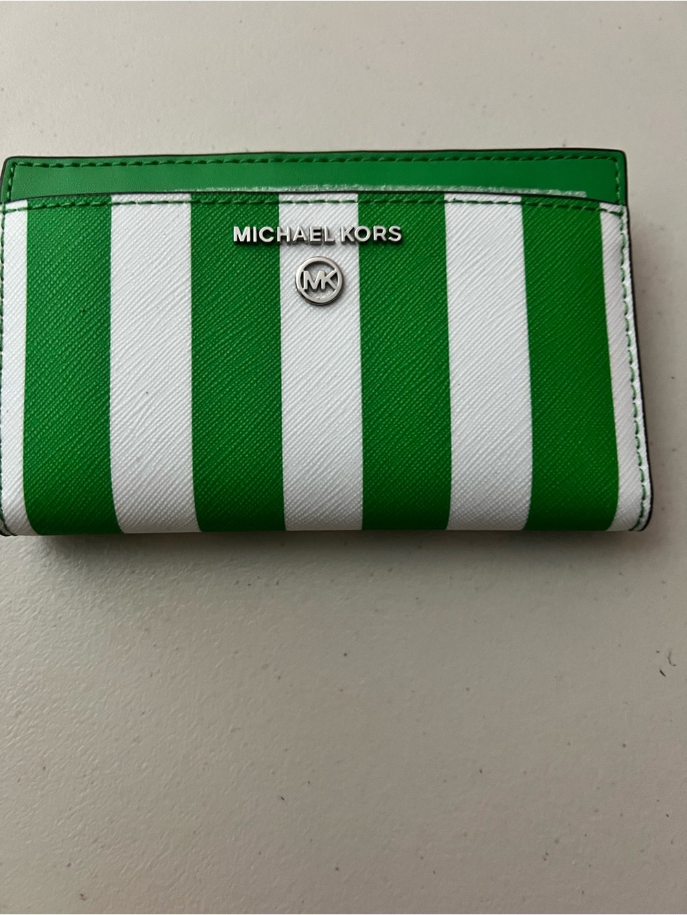 Michael Kors Green & White Striped Card Case with Silver Logo